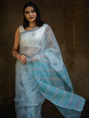 Sanganeri Hand Block Printed Kota Doria Saree - Ocean Moods