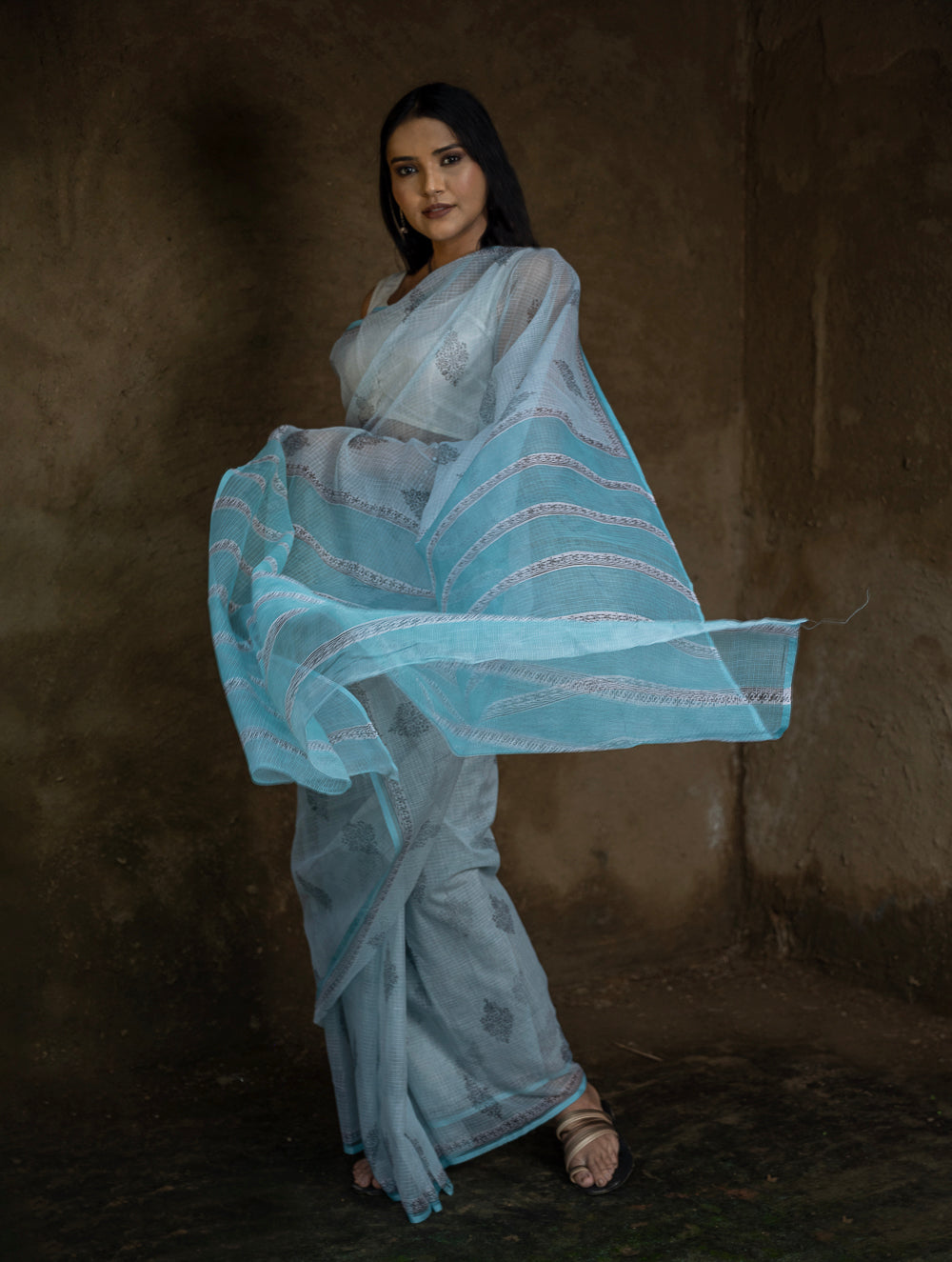 Sanganeri Hand Block Printed Kota Doria Saree - Ocean Moods