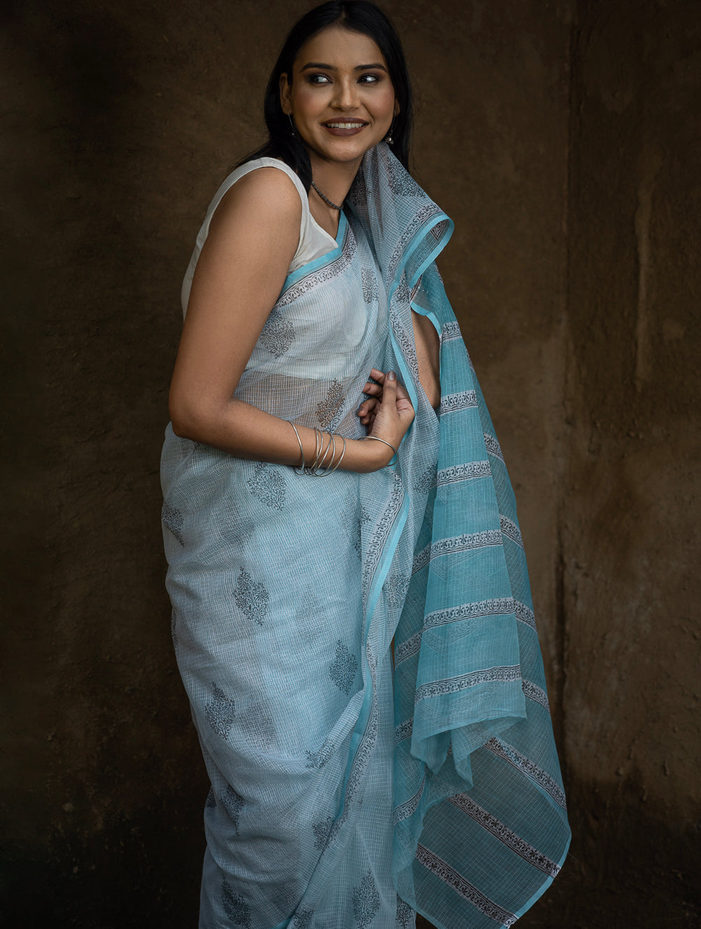 Sanganeri Hand Block Printed Kota Doria Saree - Ocean Moods