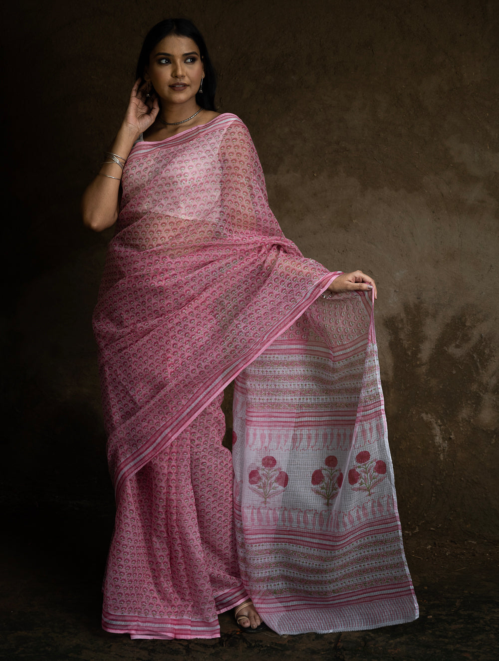Sanganeri Hand Block Printed Kota Doria Saree - Pink Flora