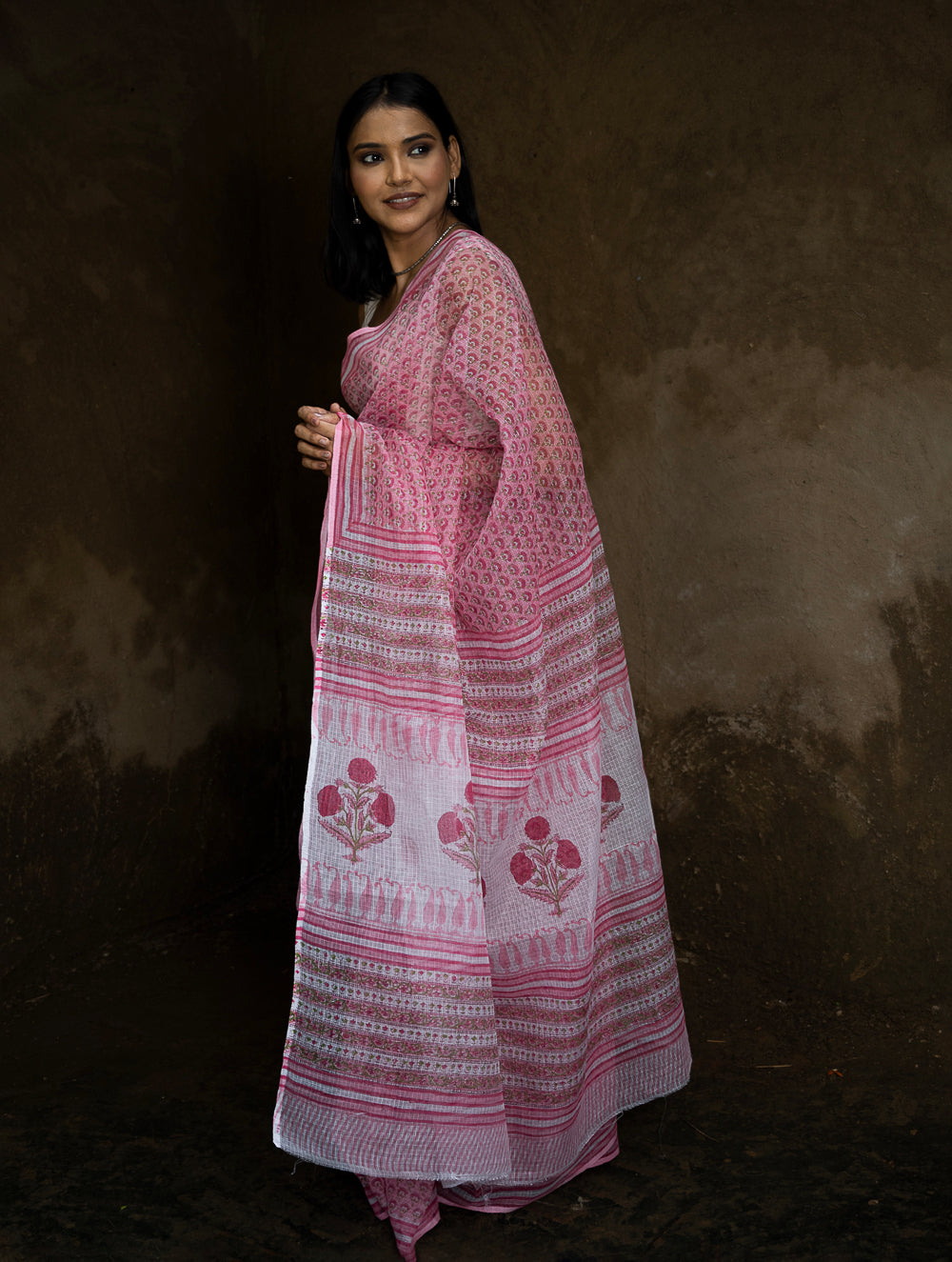 Sanganeri Hand Block Printed Kota Doria Saree - Pink Flora