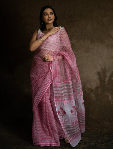 Sanganeri Hand Block Printed Kota Doria Saree - Pink Flora
