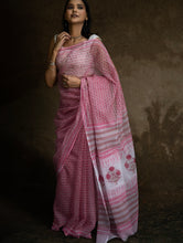 Load image into Gallery viewer, Sanganeri Hand Block Printed Kota Doria Saree - Pink Flora