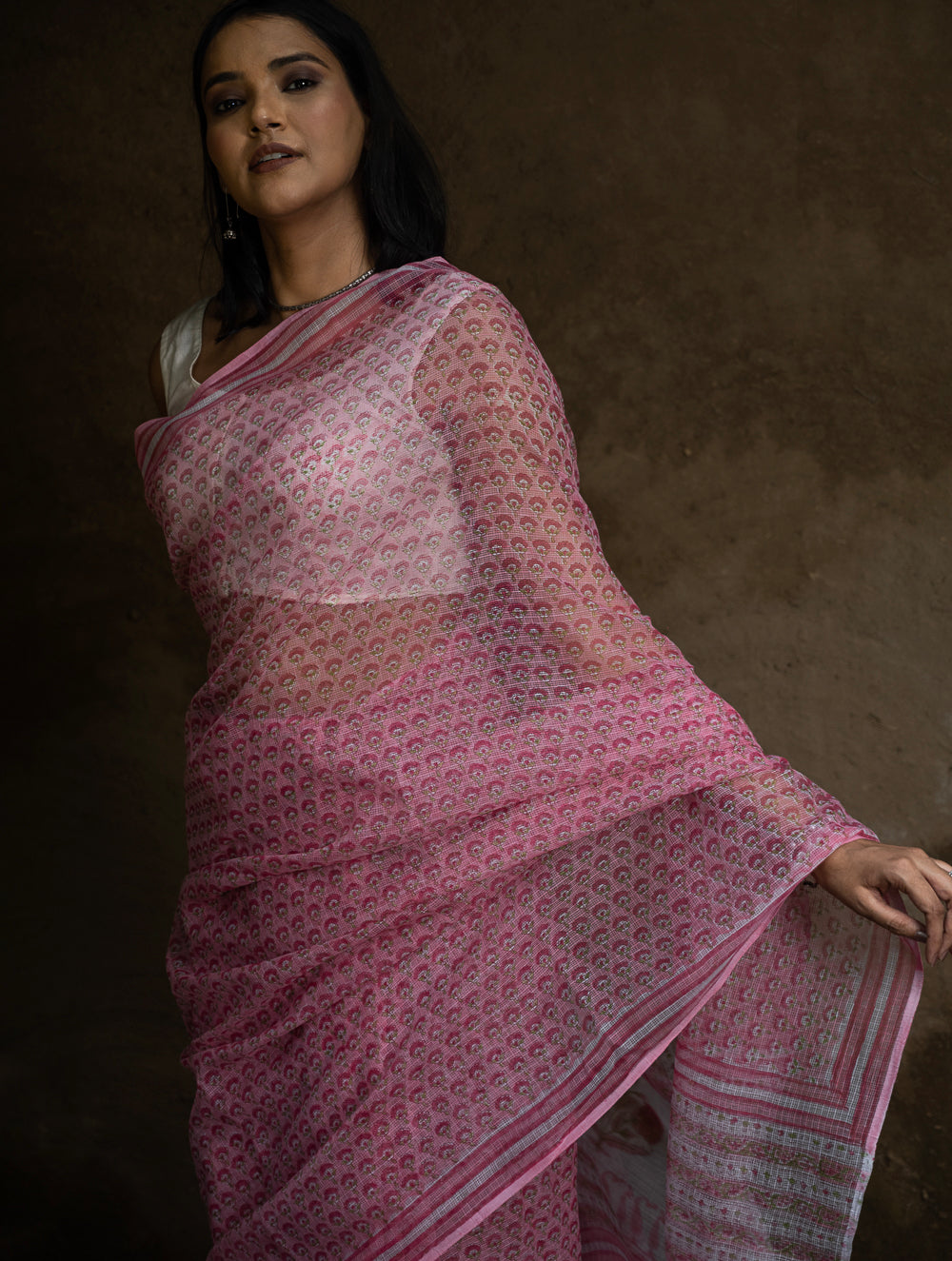 Sanganeri Hand Block Printed Kota Doria Saree - Pink Flora