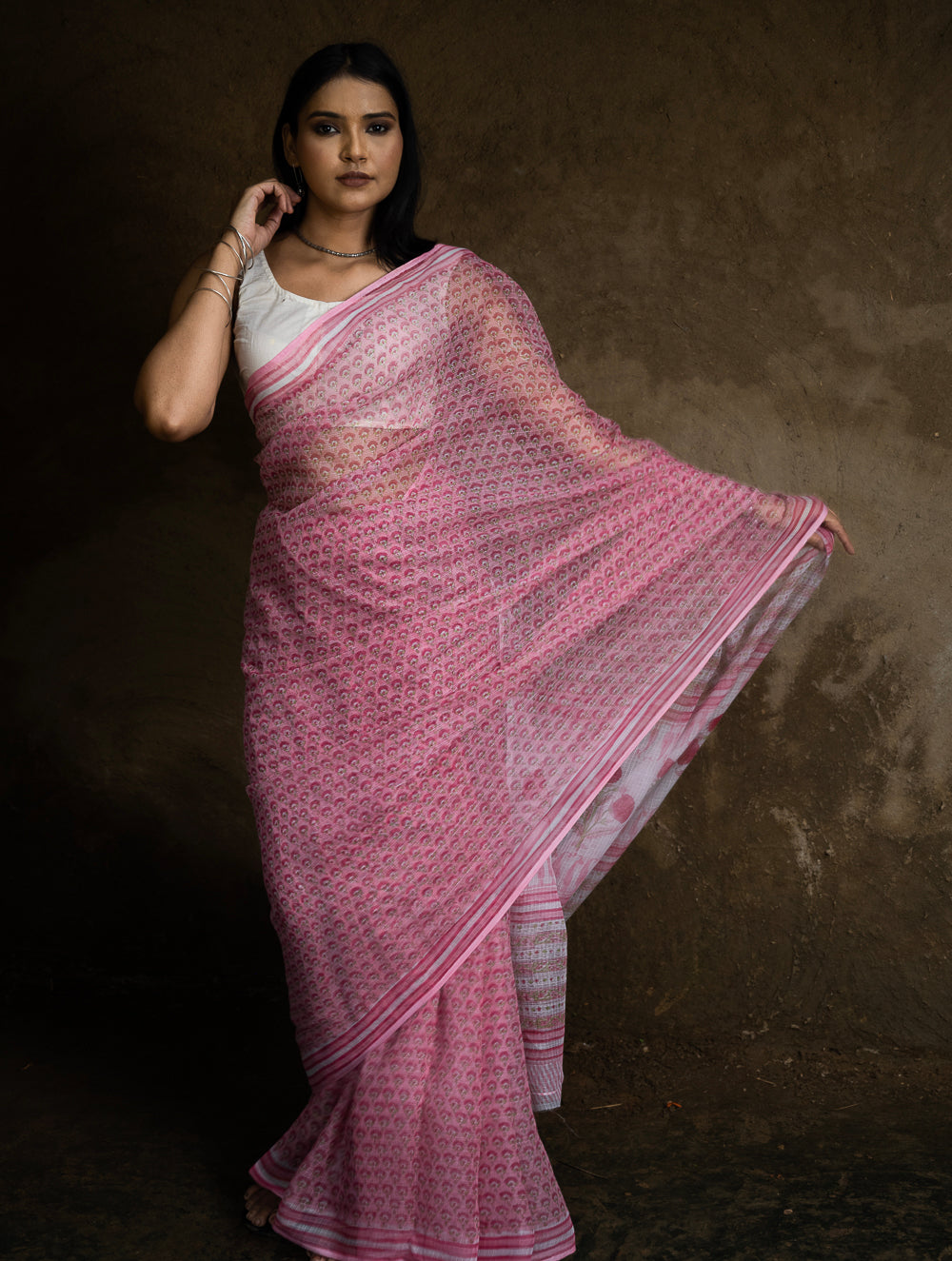 Sanganeri Hand Block Printed Kota Doria Saree - Pink Flora