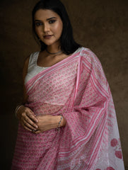 Sanganeri Hand Block Printed Kota Doria Saree - Pink Flora