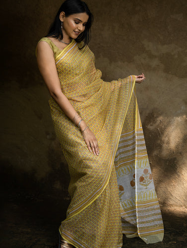 Sanganeri Hand Block Printed Kota Doria Saree - Sunshine