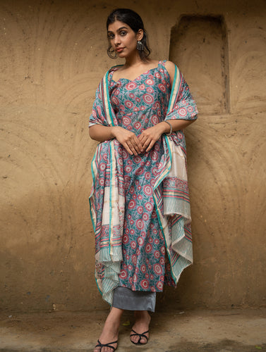 Sanganeri Hand Block printed Chanderi Kurta Set - Blue Flora  (3 pc set)