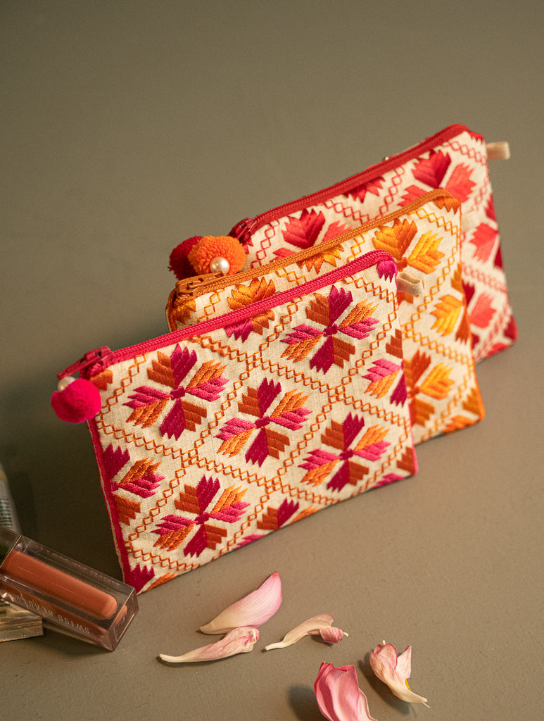 Set of 3 Phulkari Coin Pouches - Sunlit Blooms