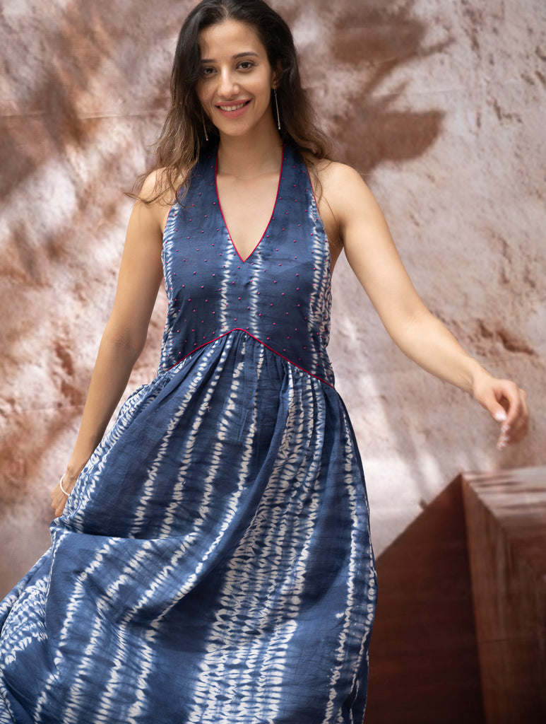 Shibori Halter Dress with Beadwork Detail - Ocean Lines