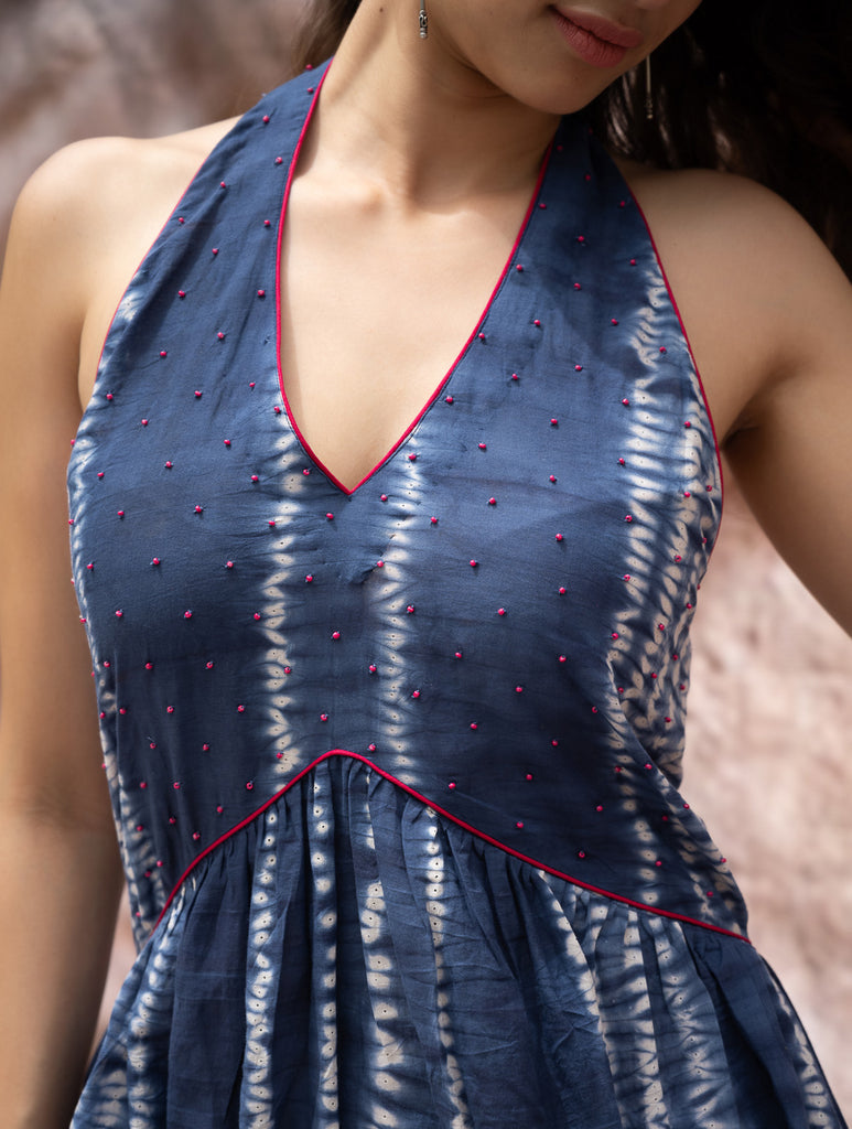Shibori Halter Dress with Beadwork Detail - Ocean Lines