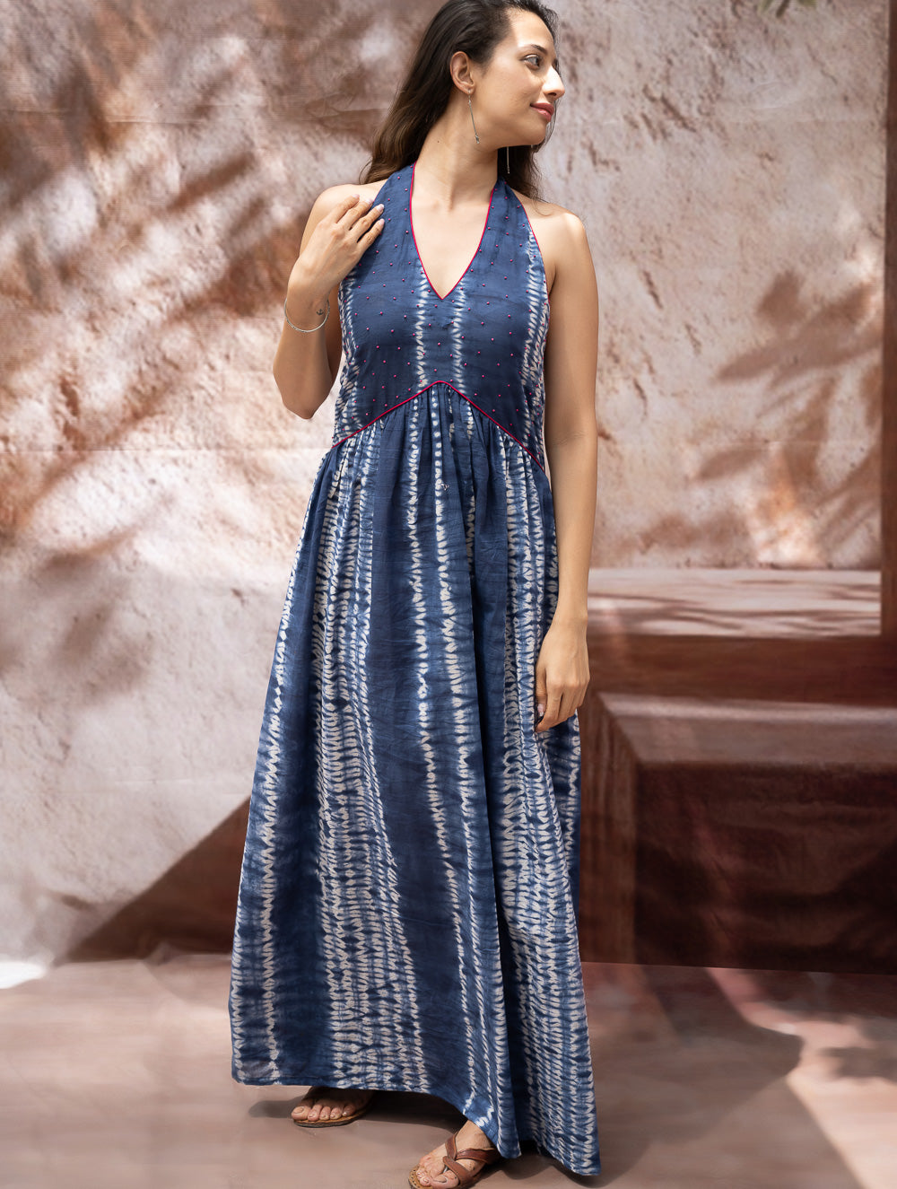 Load image into Gallery viewer, Shibori Halter Dress with Beadwork Detail - Ocean Lines