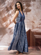 Load image into Gallery viewer, Shibori Halter Dress with Beadwork Detail - Ocean Lines