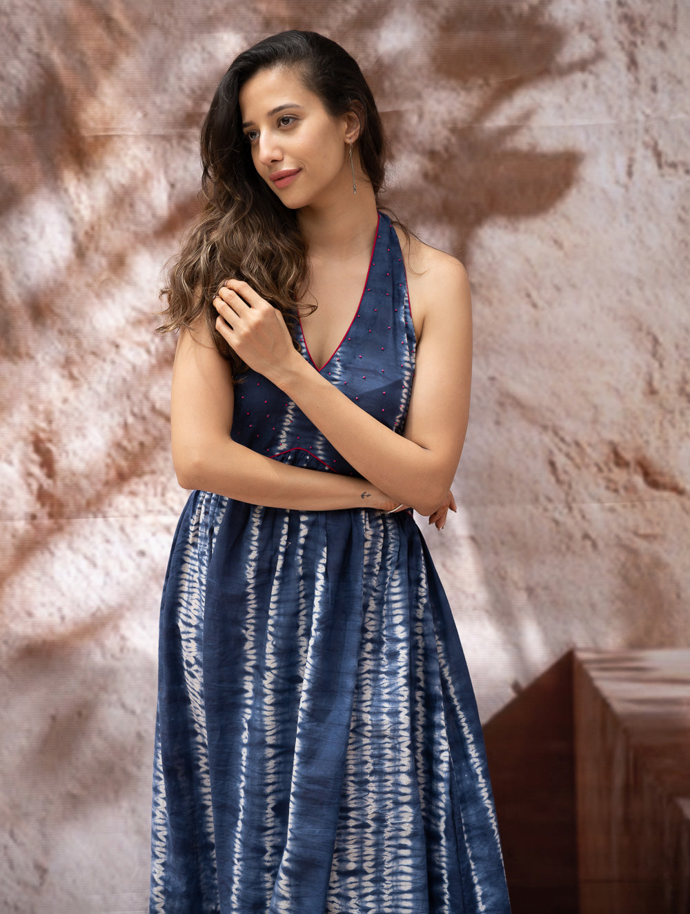 Load image into Gallery viewer, Shibori Halter Dress with Beadwork Detail - Ocean Lines