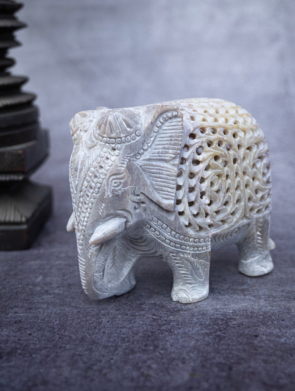 Load image into Gallery viewer, Soapstone Filigree Elephant Curio