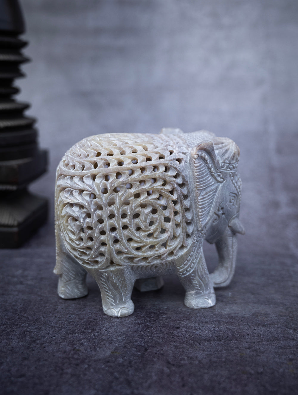 Load image into Gallery viewer, Soapstone Filigree Elephant Curio