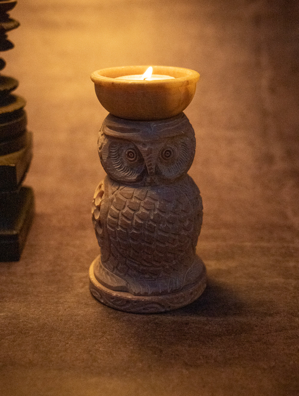 Soapstone Filigree Owl Tea Light Holder
