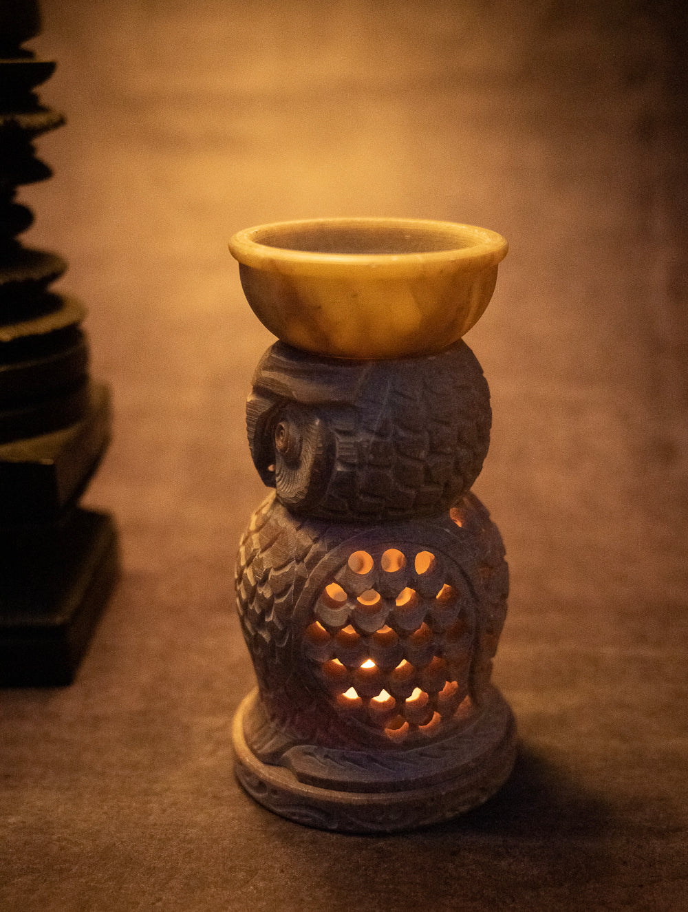 Load image into Gallery viewer, Soapstone Filigree Owl Tea Light Holder