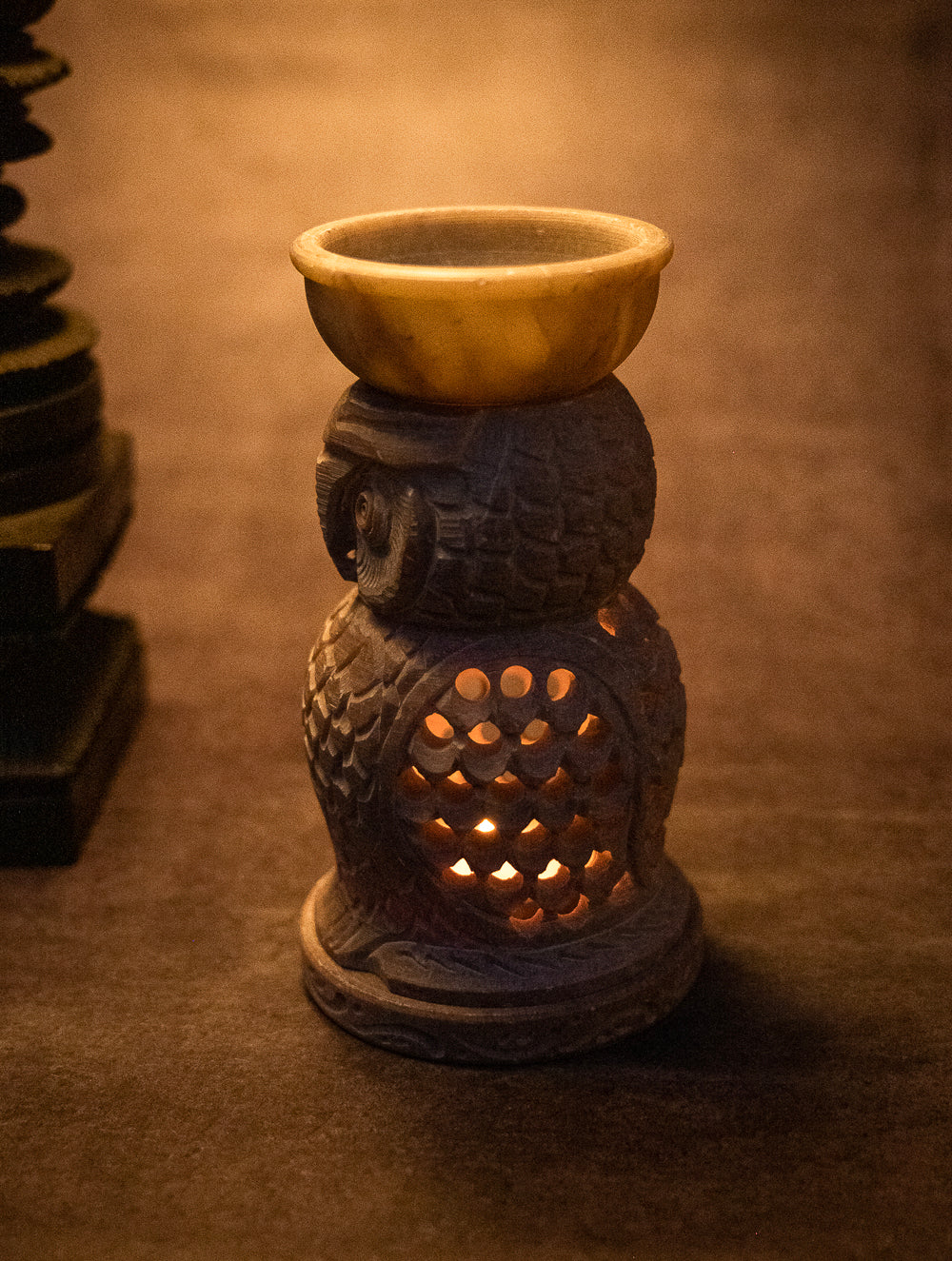 Load image into Gallery viewer, Soapstone Filigree Owl Tea Light Holder