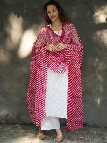 Soft Kota Silk Lehariya Dupatta - Vibrant Pink