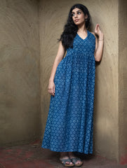 Soft Mul Cotton Dabu Hand Block Print Halter Dress - Indigo Flora
