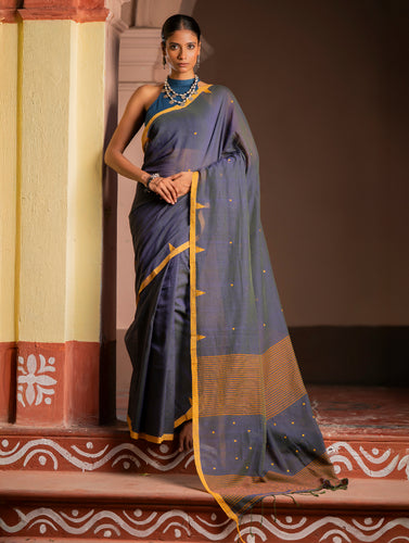 Soft & Light. Handwoven Bengal Cotton Saree - Charcoal Mustard