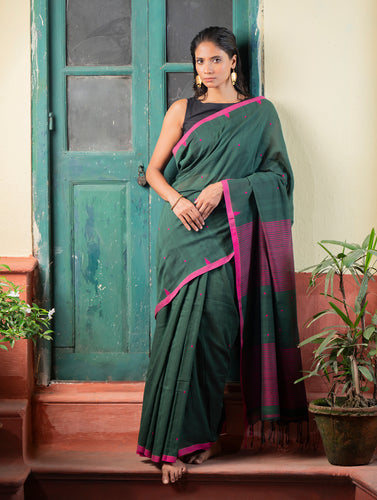 Soft & Light. Handwoven Bengal Cotton Saree - Garden Noir
