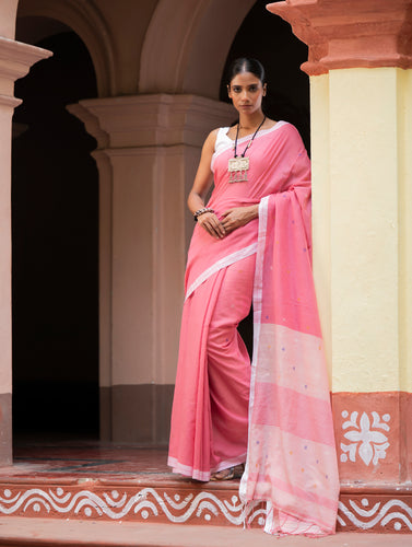 Soft & Light. Handwoven Bengal Cotton Saree - Gulabsi
