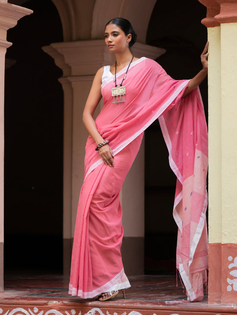 Soft & Light. Handwoven Bengal Cotton Saree - Gulabsi