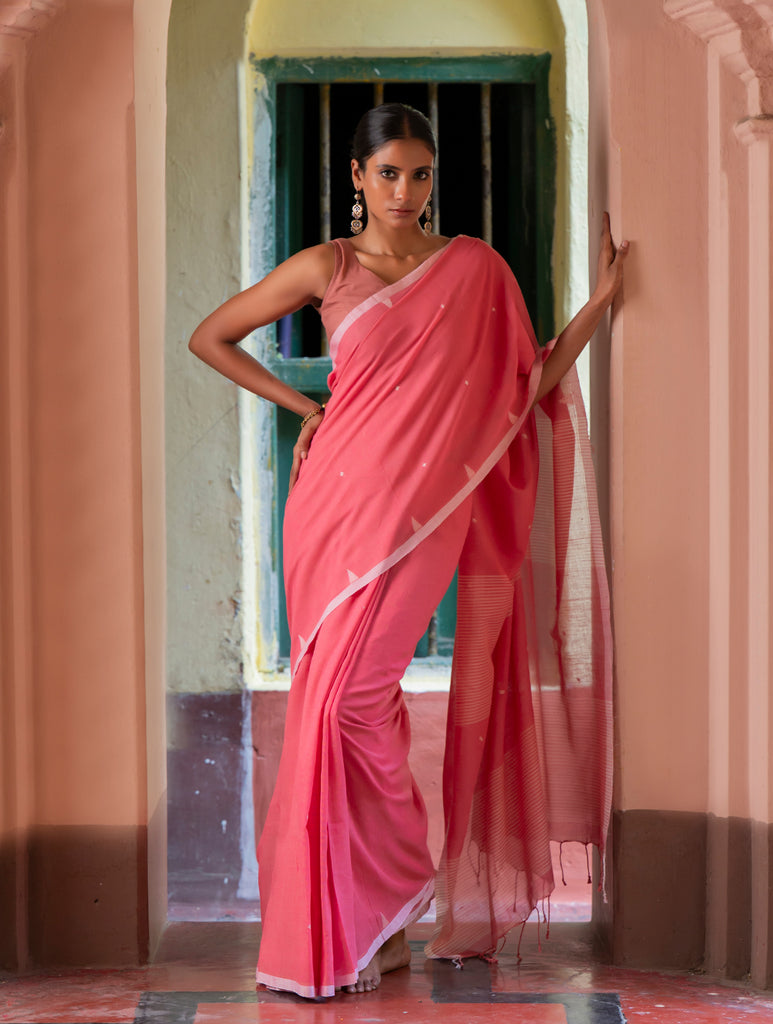 Soft & Light. Handwoven Bengal Cotton Saree - Pink Elegance