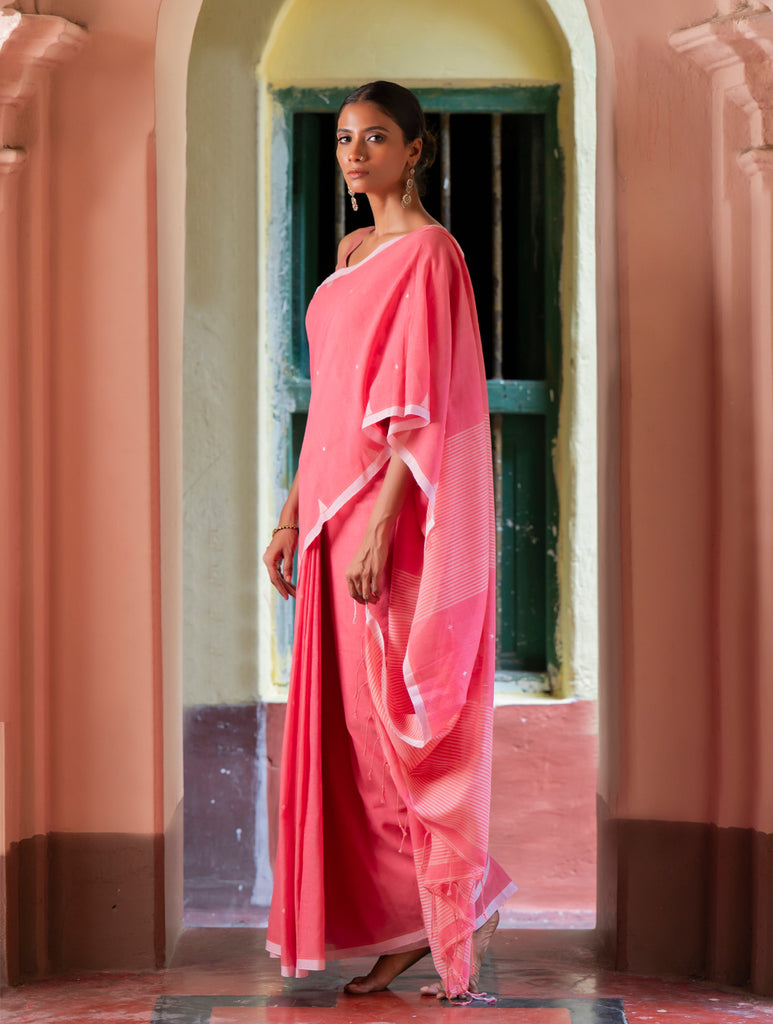 Soft & Light. Handwoven Bengal Cotton Saree - Pink Elegance