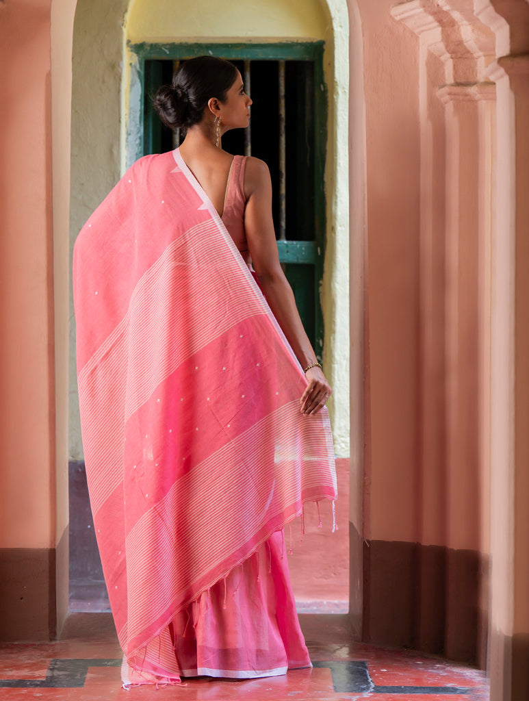 Soft & Light. Handwoven Bengal Cotton Saree - Pink Elegance