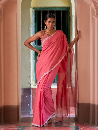 Soft & Light. Handwoven Bengal Cotton Saree - Pink Elegance