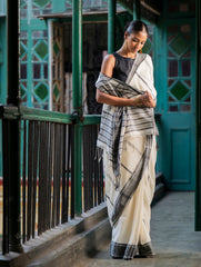 Soft & Light Handwoven Bengal Khadi Cotton Saree - Monochrome Moods