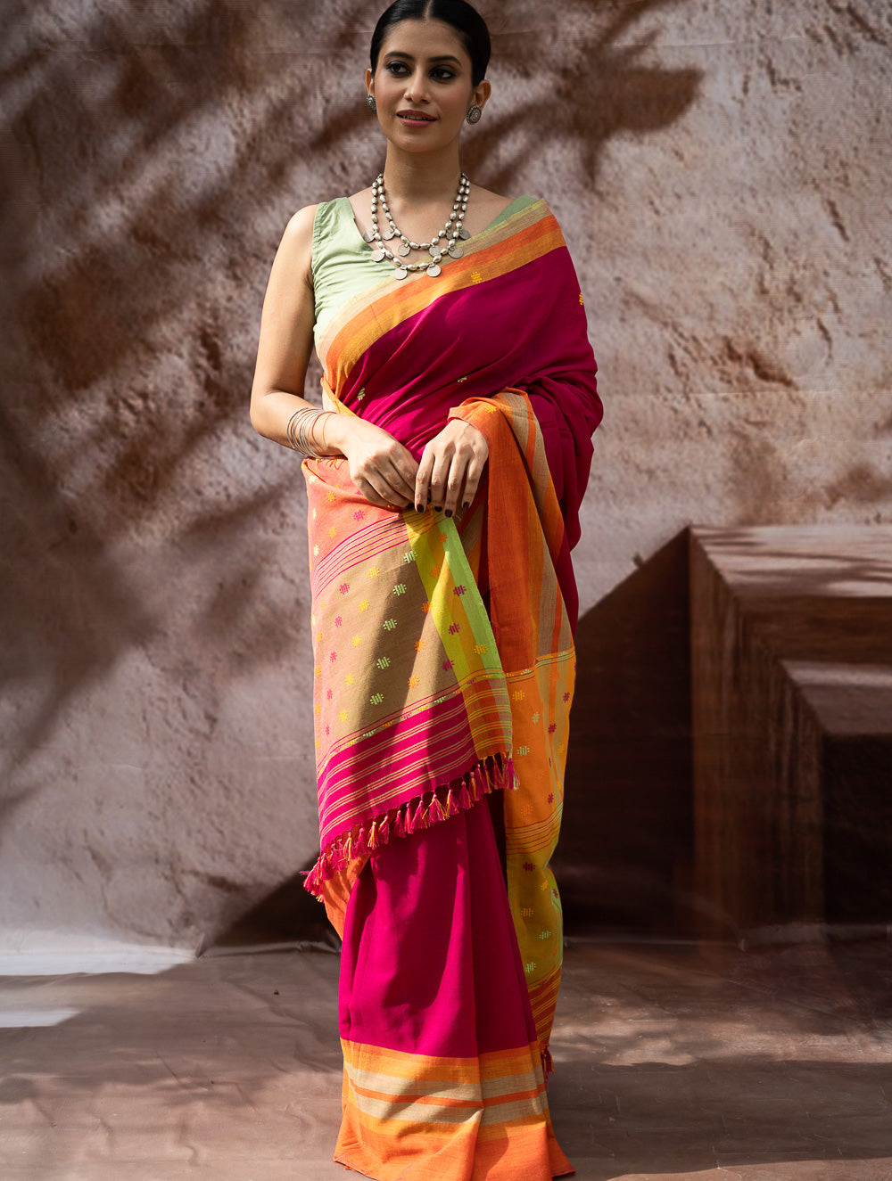 Load image into Gallery viewer, Striking Elegance. Exclusive Handwoven North-East Cotton Saree - Cerise Bloom