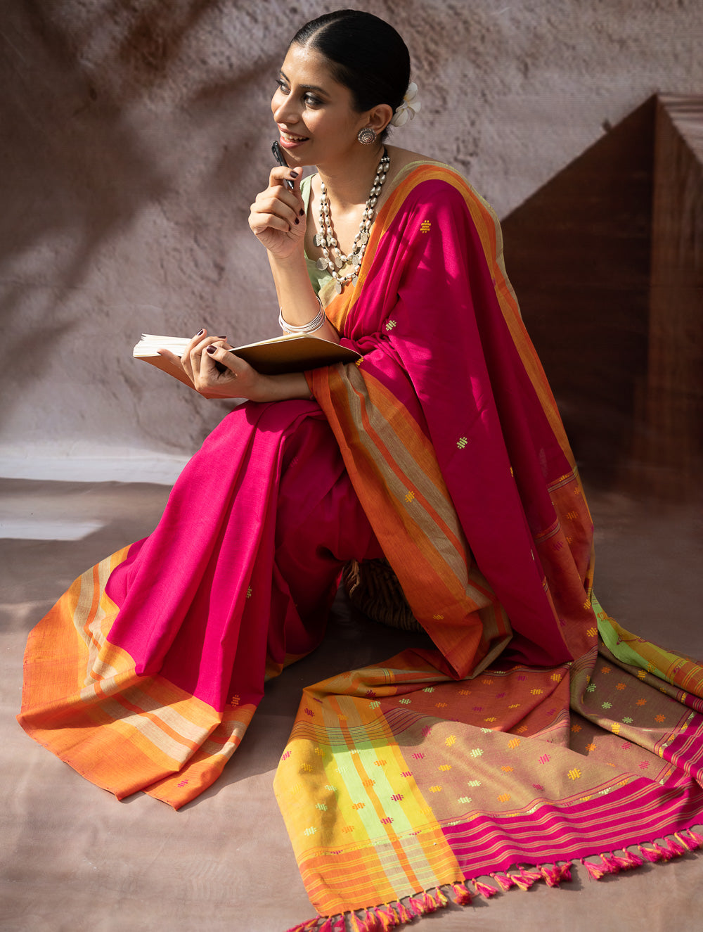 Load image into Gallery viewer, Striking Elegance. Exclusive Handwoven North-East Cotton Saree - Cerise Bloom