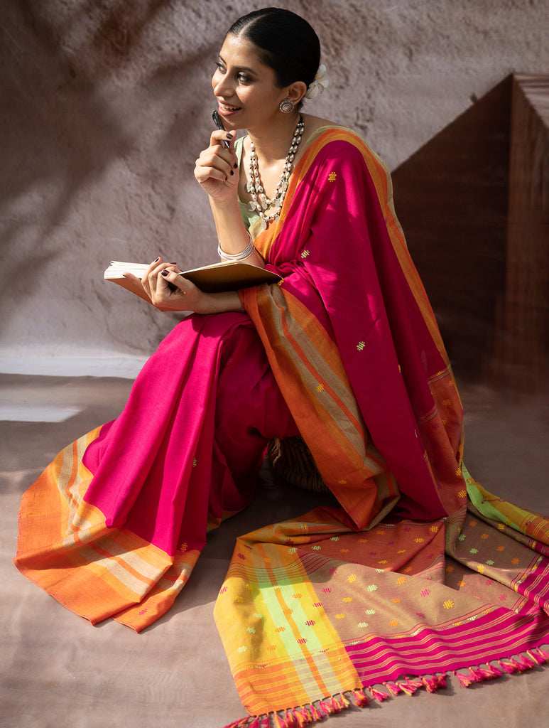 Striking Elegance. Exclusive Handwoven North-East Cotton Saree - Cerise Bloom