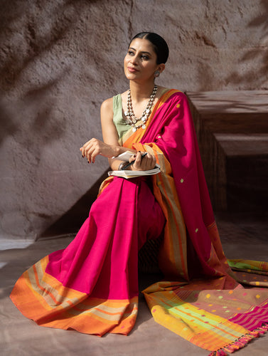 Striking Elegance. Exclusive Handwoven North-East Cotton Saree - Cerise Bloom