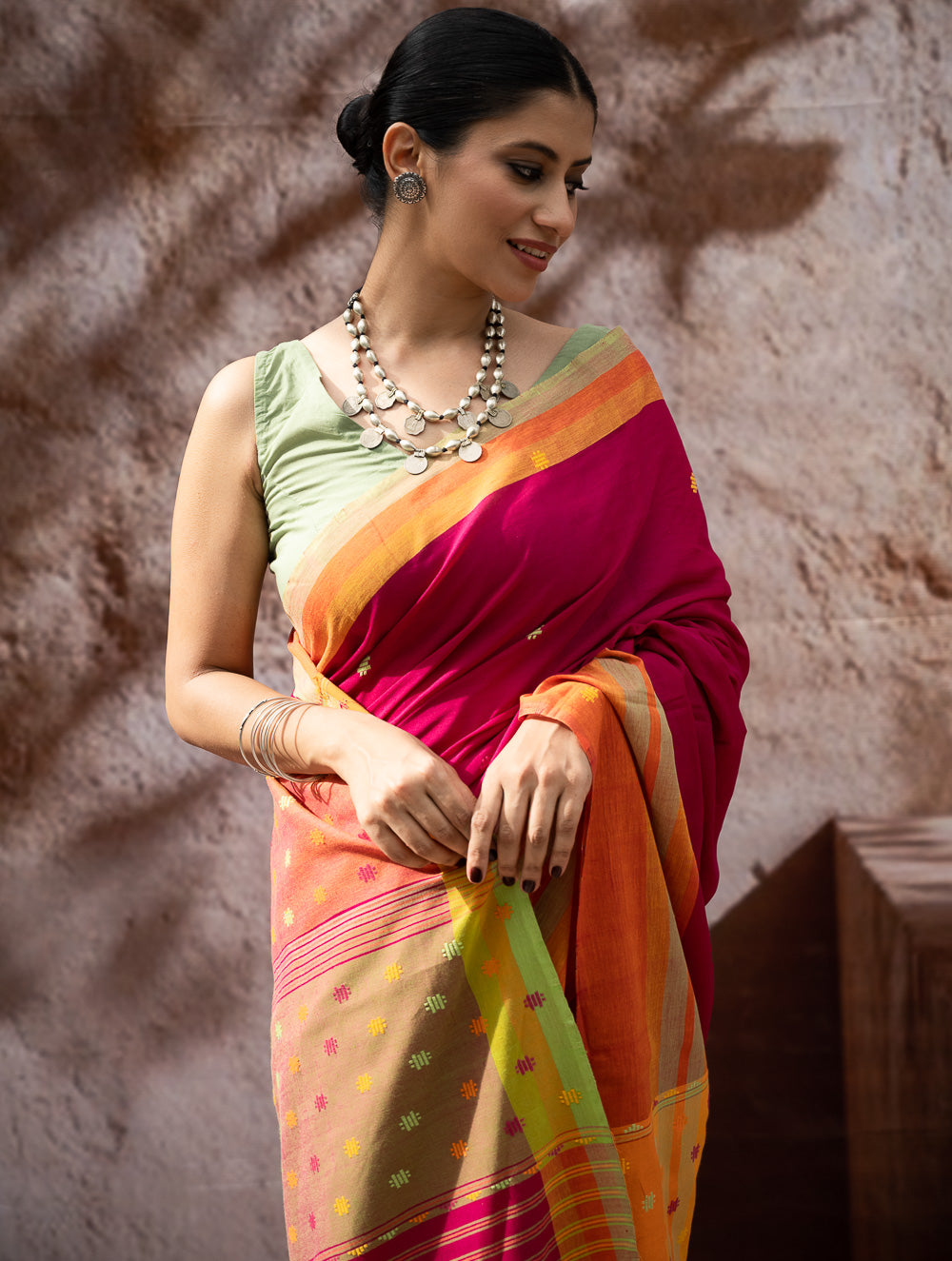 Load image into Gallery viewer, Striking Elegance. Exclusive Handwoven North-East Cotton Saree - Cerise Bloom