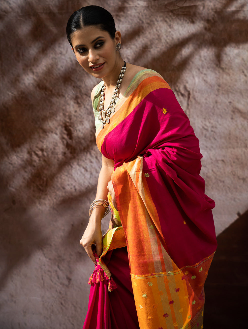 Load image into Gallery viewer, Striking Elegance. Exclusive Handwoven North-East Cotton Saree - Cerise Bloom