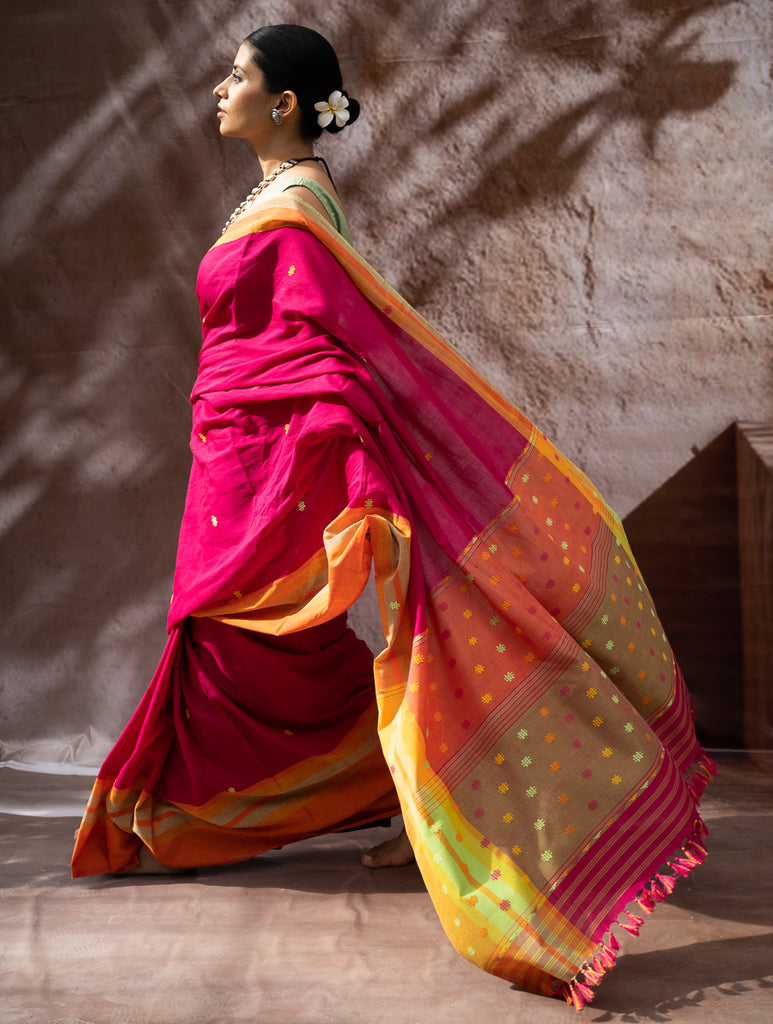 Striking Elegance. Exclusive Handwoven North-East Cotton Saree - Cerise Bloom