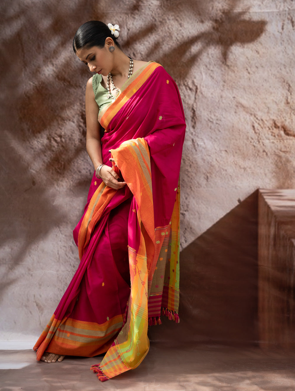 Load image into Gallery viewer, Striking Elegance. Exclusive Handwoven North-East Cotton Saree - Cerise Bloom
