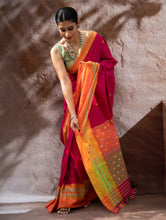 Load image into Gallery viewer, Striking Elegance. Exclusive Handwoven North-East Cotton Saree - Cerise Bloom