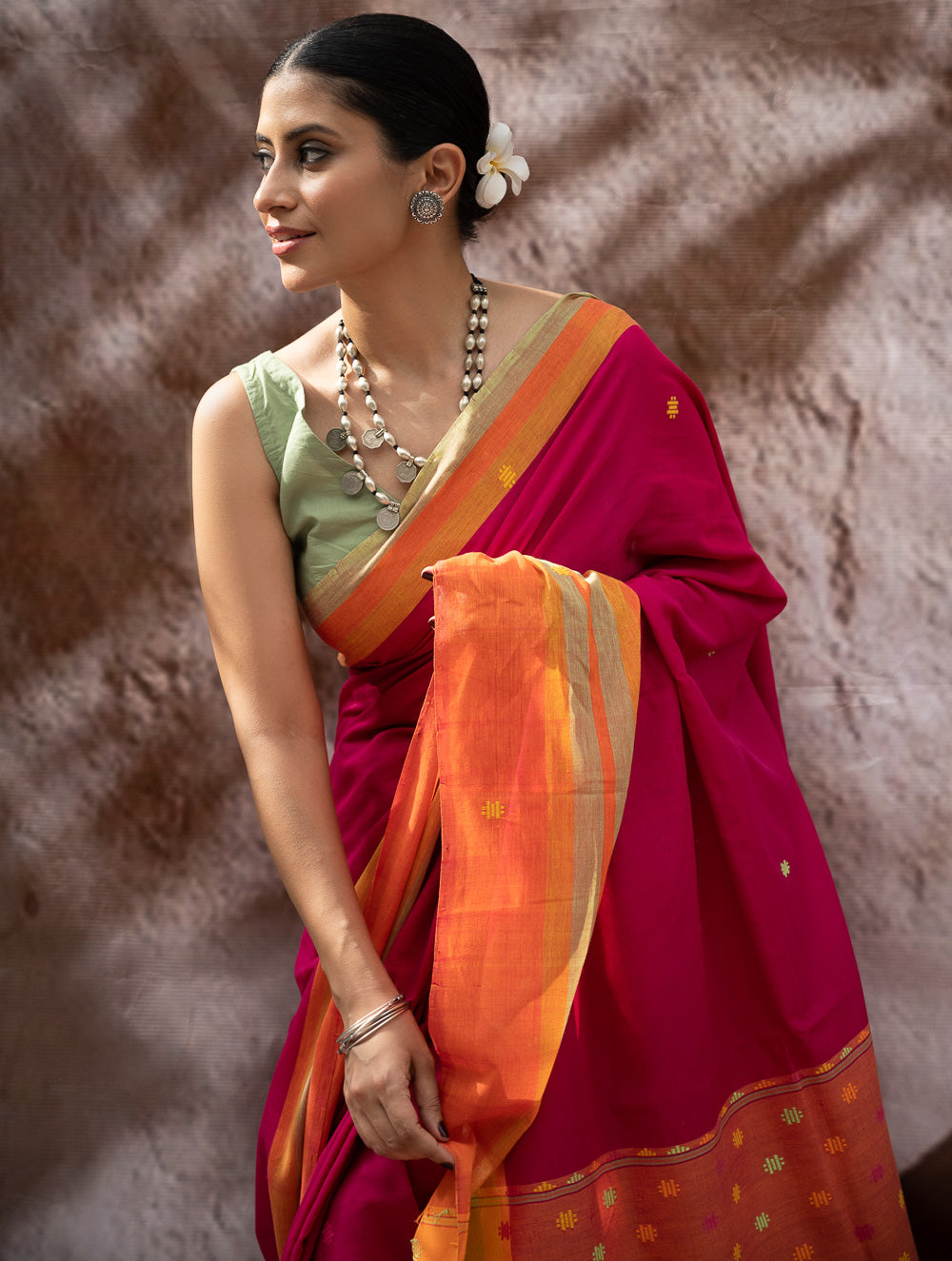 Load image into Gallery viewer, Striking Elegance. Exclusive Handwoven North-East Cotton Saree - Cerise Bloom
