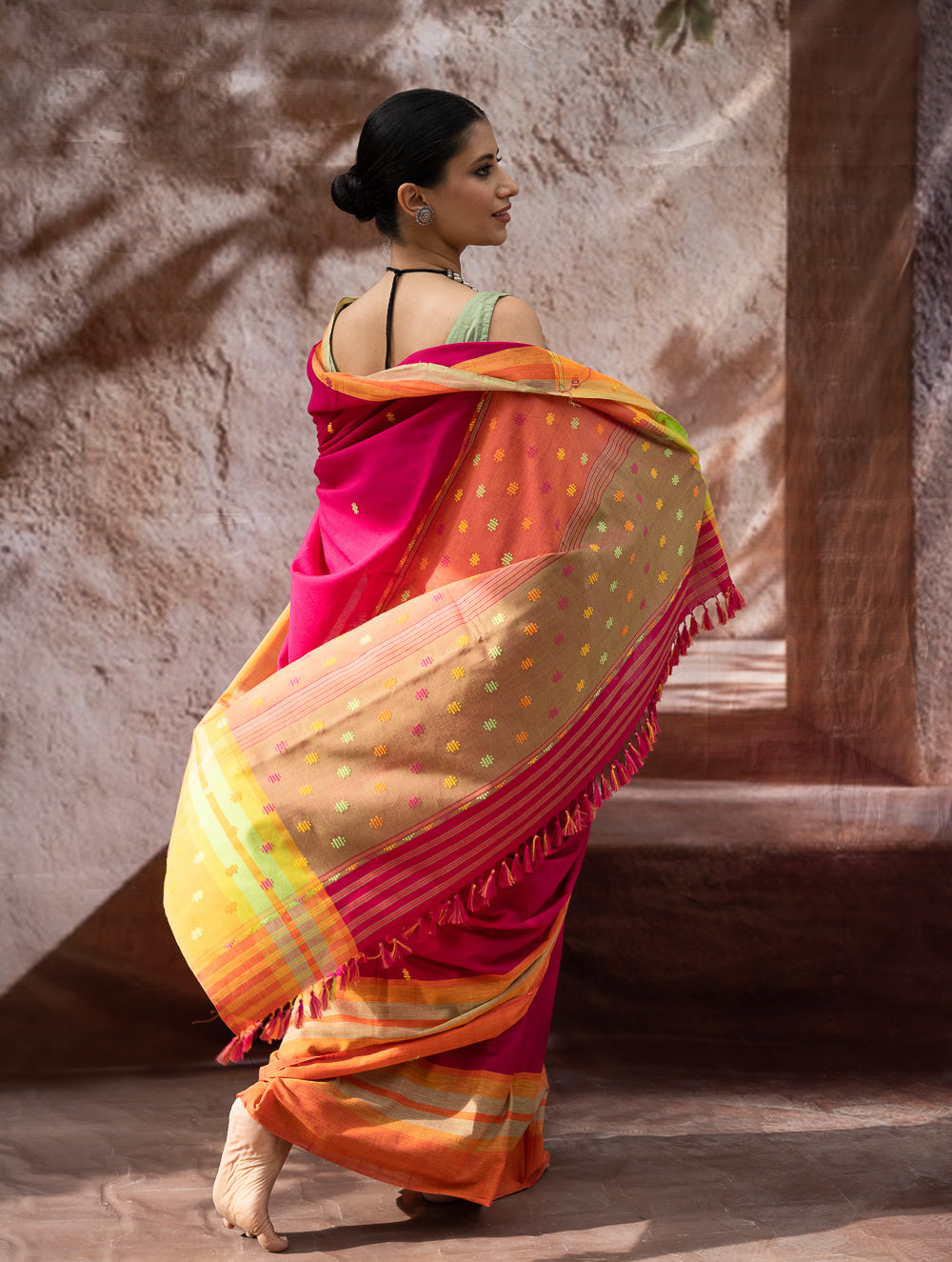 Load image into Gallery viewer, Striking Elegance. Exclusive Handwoven North-East Cotton Saree - Cerise Bloom
