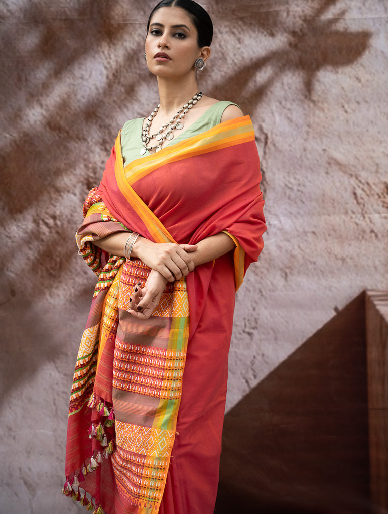 Striking Elegance. Exclusive Handwoven North-East Cotton Saree - Coral Reverie