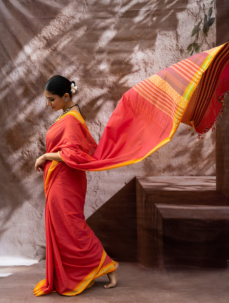 Striking Elegance. Exclusive Handwoven North-East Cotton Saree - Coral Reverie