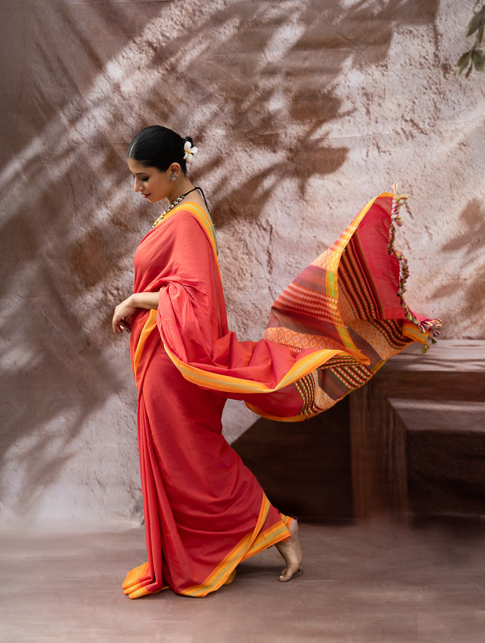 Load image into Gallery viewer, Striking Elegance. Exclusive Handwoven North-East Cotton Saree - Coral Reverie