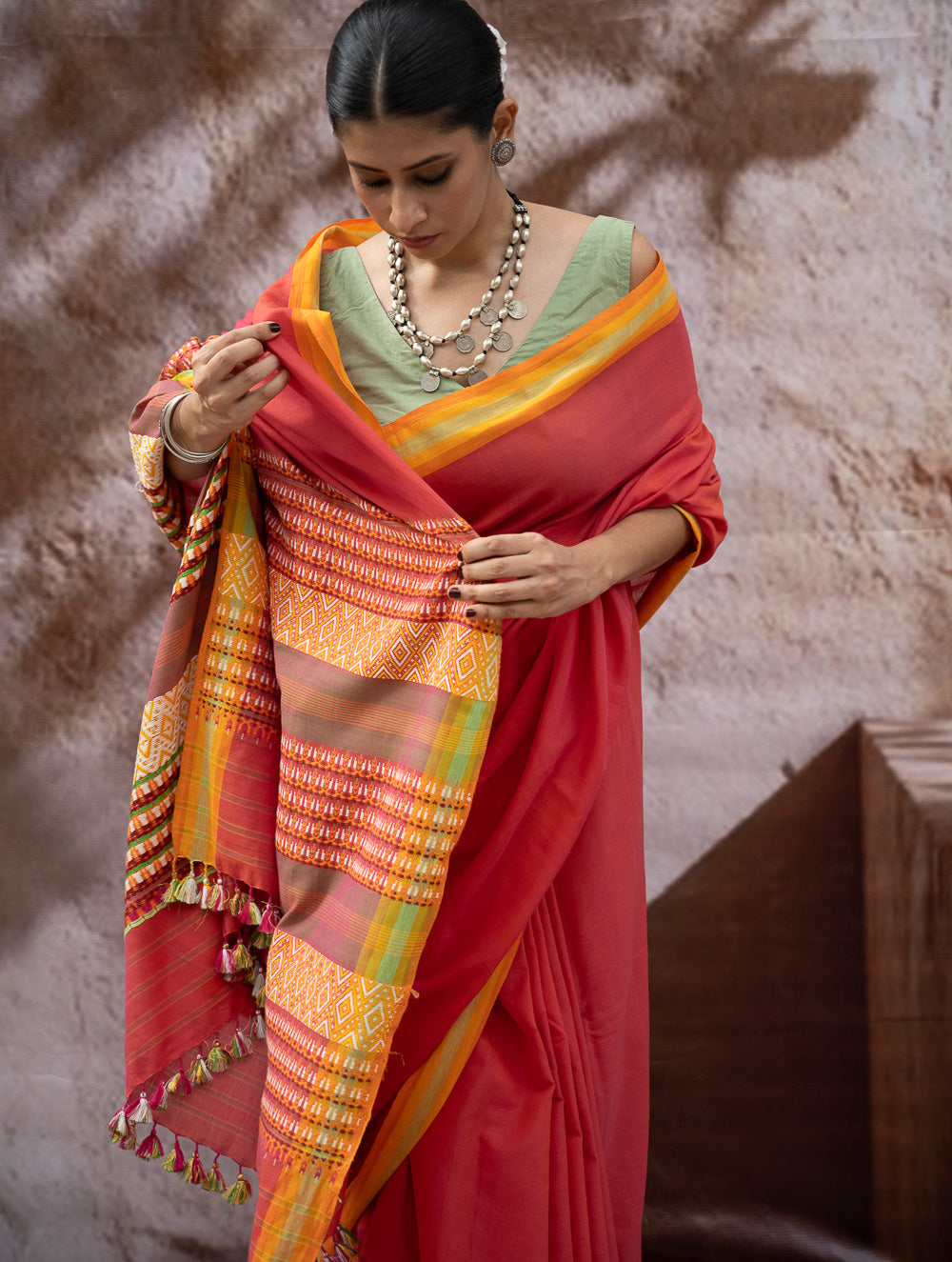 Load image into Gallery viewer, Striking Elegance. Exclusive Handwoven North-East Cotton Saree - Coral Reverie