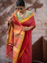 Load image into Gallery viewer, Striking Elegance. Exclusive Handwoven North-East Cotton Saree - Coral Reverie